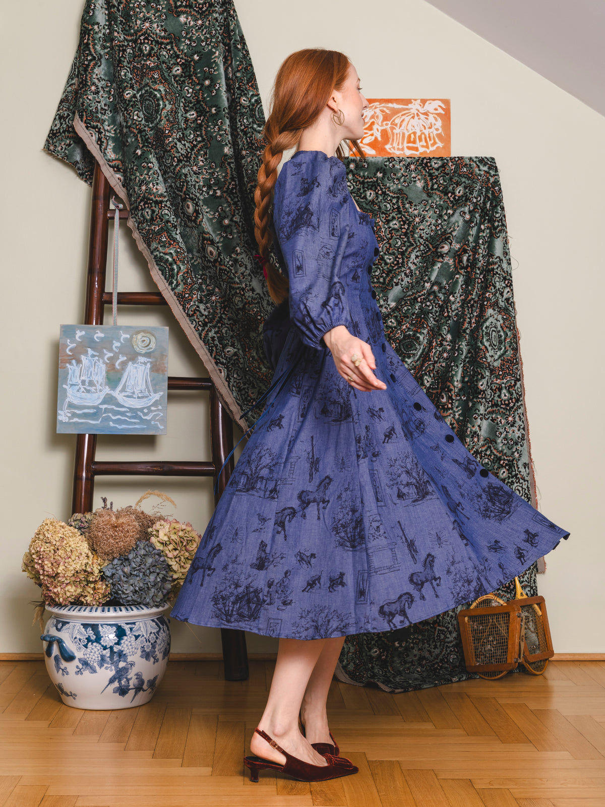 Bloom & Laced Dress - Printed blue denim