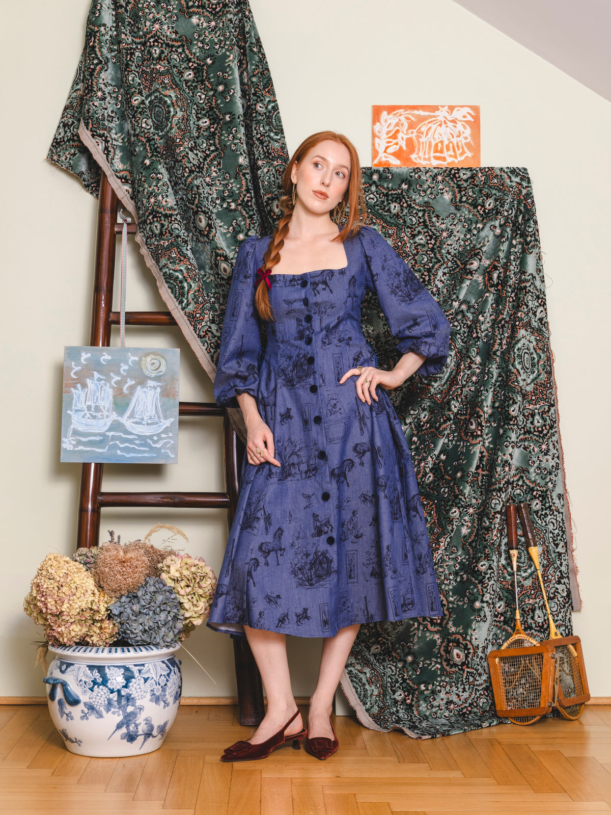 Bloom & Laced Dress - Printed blue denim
