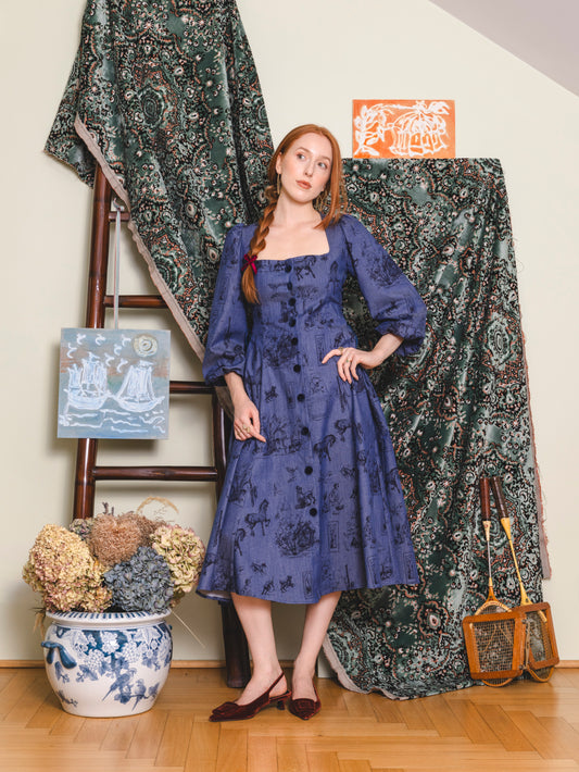 Bloom & Laced Dress - Printed blue denim