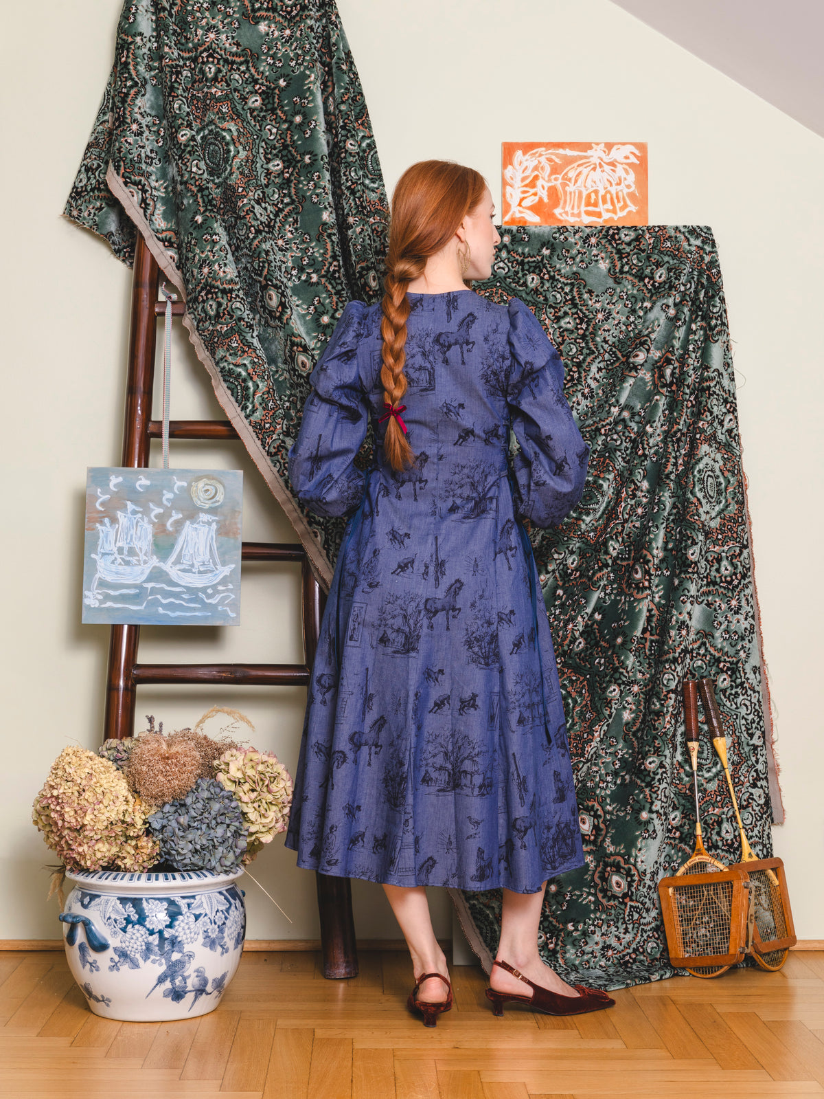 Bloom & Laced Dress - Printed blue denim