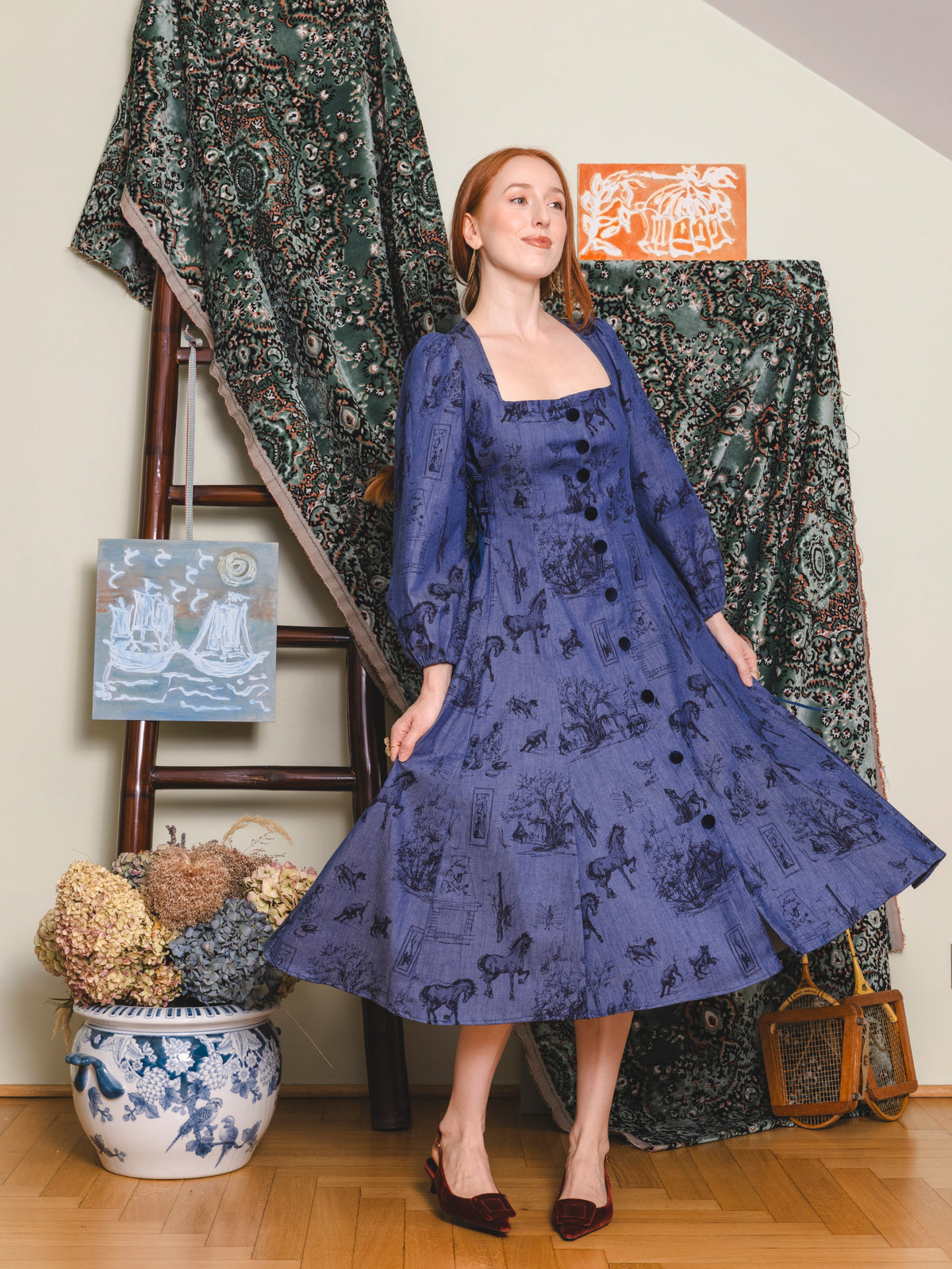 Bloom & Laced Dress - Printed blue denim